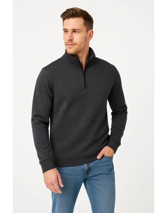 Erkek Dik Yaka Yarım Fermuarlı 3 İplik Pamuklu Sweatshirt -  Antrasit