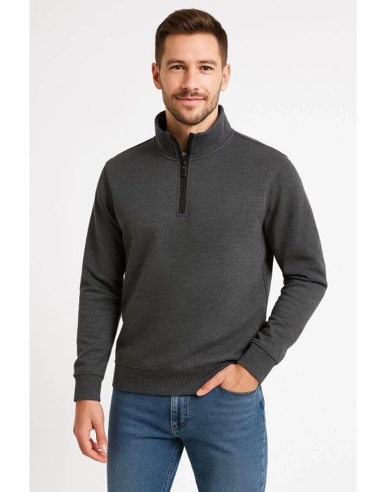 Erkek Dik Yaka Yarım Fermuarlı 3 İplik Pamuklu Sweatshirt -  Antrasit