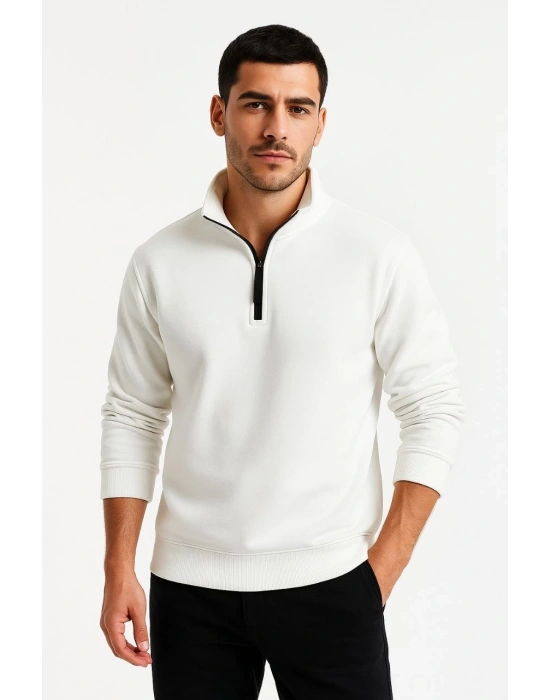 Erkek Dik Yaka Yarım Fermuarlı 3 İplik Pamuklu Sweatshirt - Beyaz