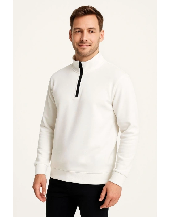 Erkek Dik Yaka Yarım Fermuarlı 3 İplik Pamuklu Sweatshirt - Beyaz