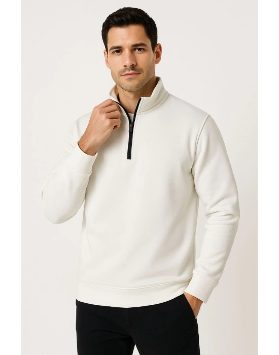 Erkek Dik Yaka Yarım Fermuarlı 3 İplik Pamuklu Sweatshirt - Beyaz
