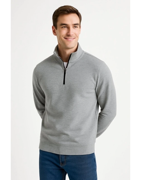 Erkek Dik Yaka Yarım Fermuarlı 3 İplik Pamuklu Sweatshirt - Gri