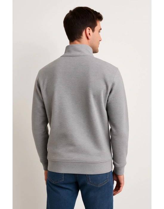 Erkek Dik Yaka Yarım Fermuarlı 3 İplik Pamuklu Sweatshirt - Gri