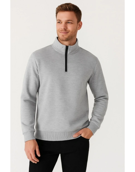 Erkek Dik Yaka Yarım Fermuarlı 3 İplik Pamuklu Sweatshirt - Gri