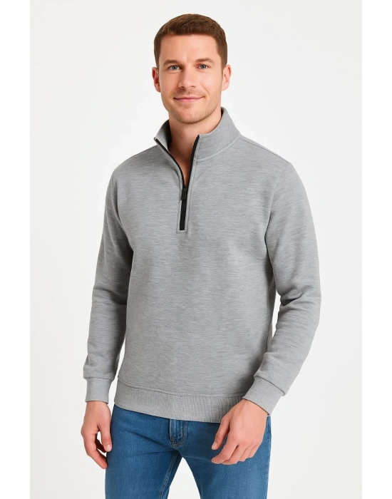 Erkek Dik Yaka Yarım Fermuarlı 3 İplik Pamuklu Sweatshirt - Gri