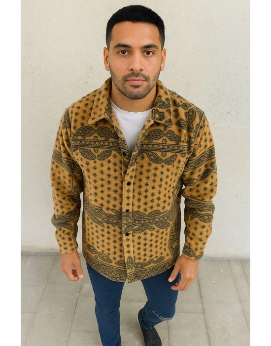 Erkek Düğmeli Gömlek Polar Sweatshirt Yumuşak Dokulu Oversize Kalıp -Sarı
