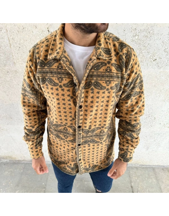 Erkek Düğmeli Gömlek Polar Sweatshirt Yumuşak Dokulu Oversize Kalıp -Sarı