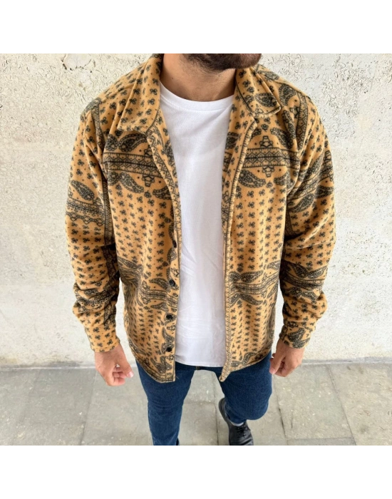 Erkek Düğmeli Gömlek Polar Sweatshirt Yumuşak Dokulu Oversize Kalıp -Sarı