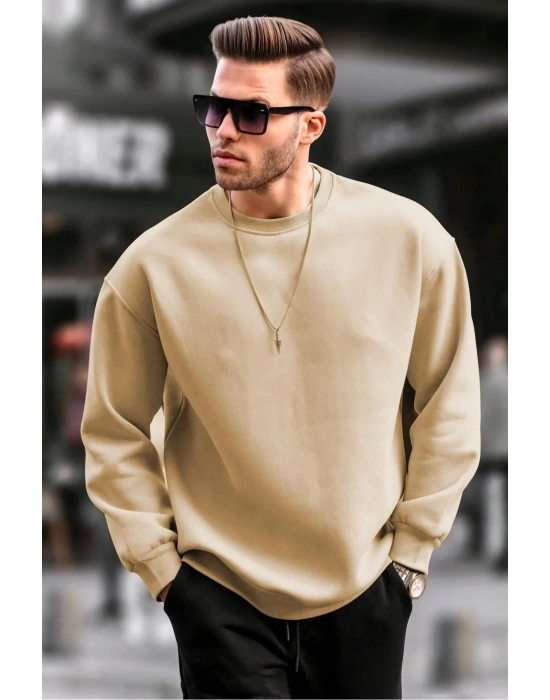 Erkek Düz Bisiklet Yaka 3 iplik pamuklu Sweatshirt - Bej