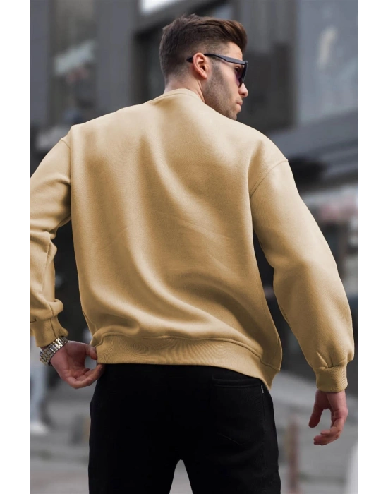 Erkek Düz Bisiklet Yaka 3 iplik pamuklu Sweatshirt - Bej