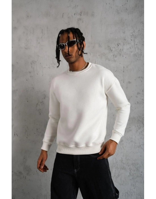 Erkek Düz Bisiklet Yaka 3 iplik pamuklu Sweatshirt - Beyaz