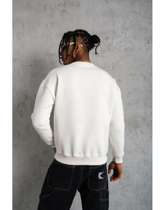 Erkek Düz Bisiklet Yaka 3 iplik pamuklu Sweatshirt - Beyaz
