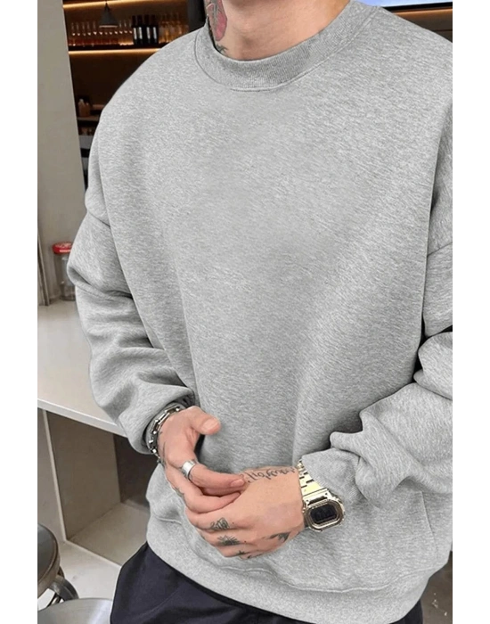 Erkek Düz Bisiklet Yaka 3 iplik pamuklu sweatshirt - Gri