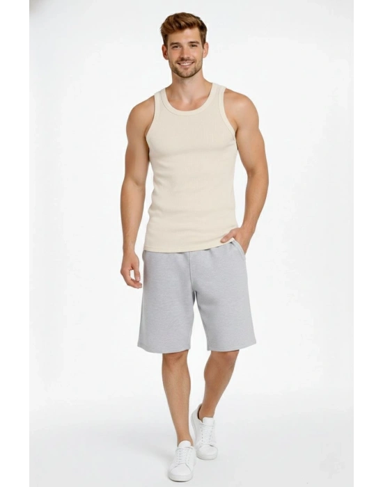 Erkek Fitilli Atlet Sıfır Yaka Slim Fit Arka Baskılı Spor Atlet - Krem