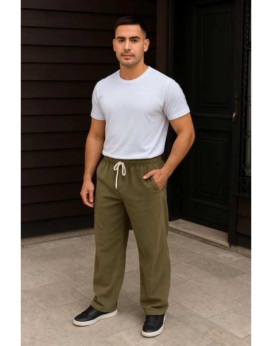 Erkek Fitilli Kadife Cepli Buggy Pantolon Oversize Rahat Kalıp - Haki