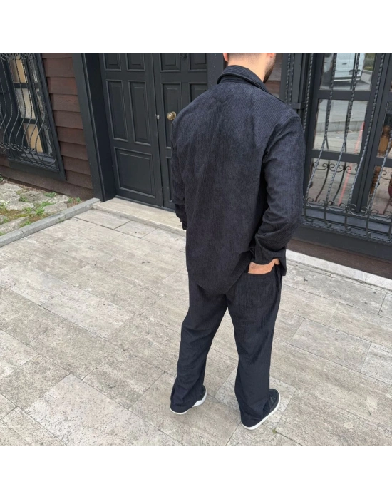 Erkek Fitilli Kadife Cepli Buggy Pantolon Oversize Rahat Kalıp - Siyah