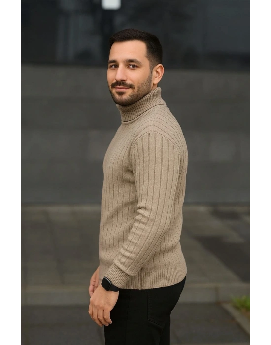 Erkek Fitilli Kazak Tam Boğazlı Balıkçı Yaka Triko 2li Set Bej-Siyah