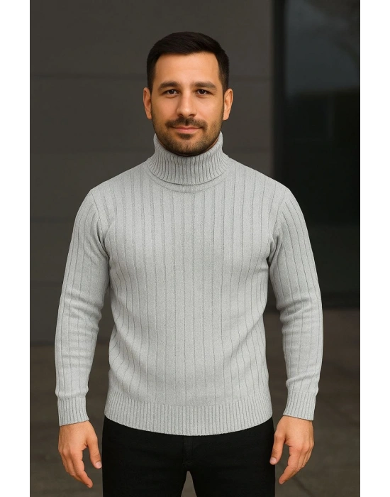 Erkek Fitilli Kazak Tam Boğazlı Balıkçı Yaka Triko 2li Set Gri-Siyah