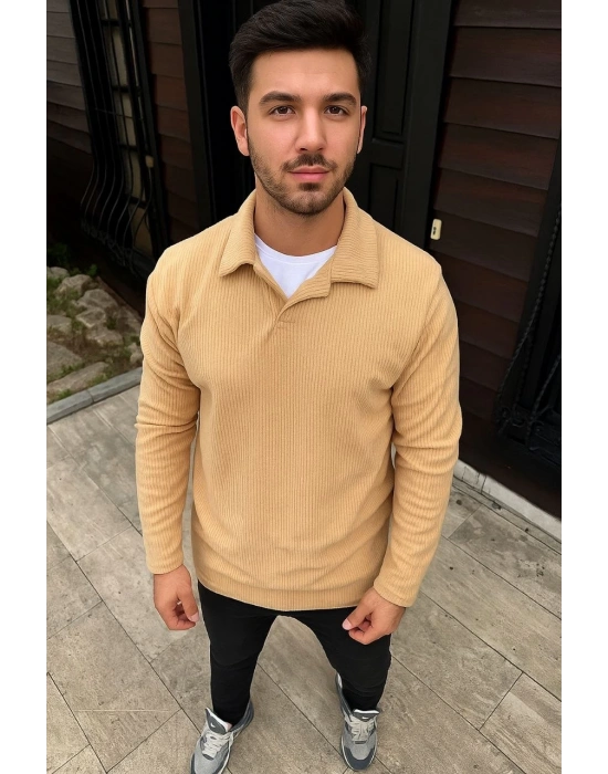 Erkek Fitilli Polar Sweatshirt Düğmesiz Yaka Oversize - Bej