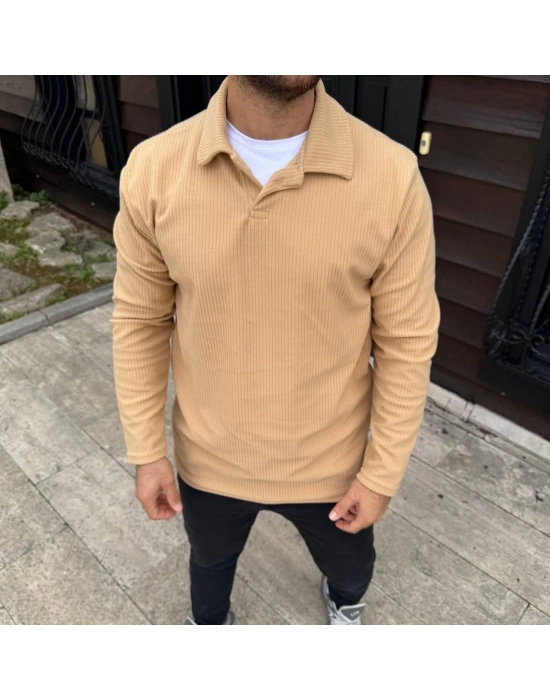 Erkek Fitilli Polar Sweatshirt Düğmesiz Yaka Oversize - Bej