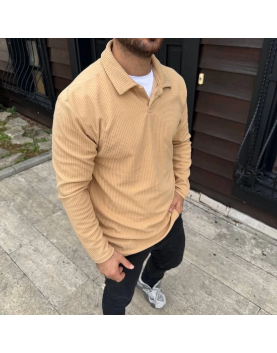 Erkek Fitilli Polar Sweatshirt Düğmesiz Yaka Oversize - Bej