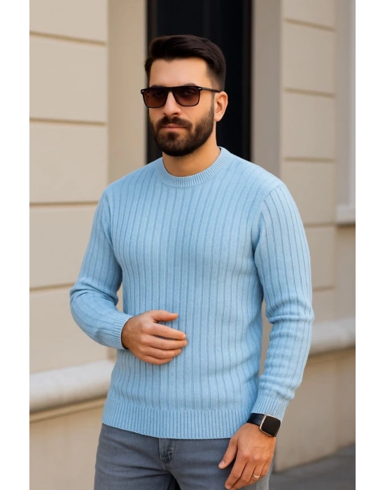 Erkek Fitilli Triko Bisiklet Yaka Kalın Kazak 3lü Set Bej-Bebek Mavisi-Siyah