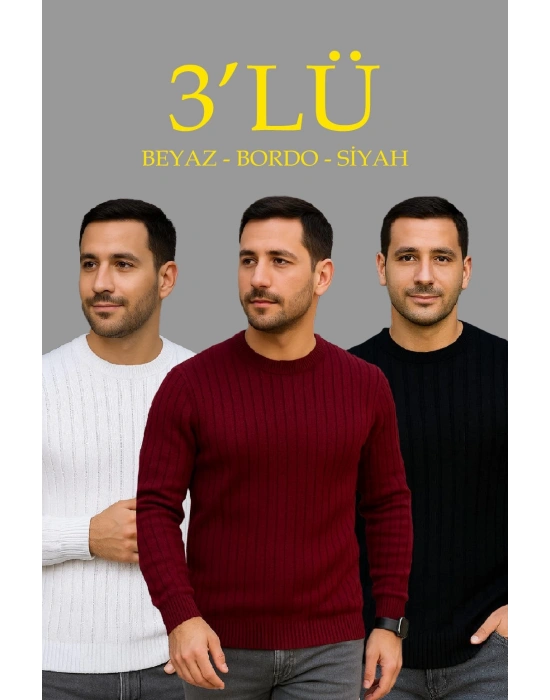 Erkek Fitilli Triko Bisiklet Yaka Kalın Kazak 3lü Set Beyaz-Bordo-Siyah