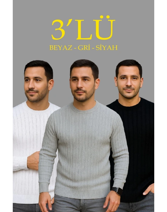 Erkek Fitilli Triko Bisiklet Yaka Kalın Kazak 3lü Set Beyaz-Gri-Siyah