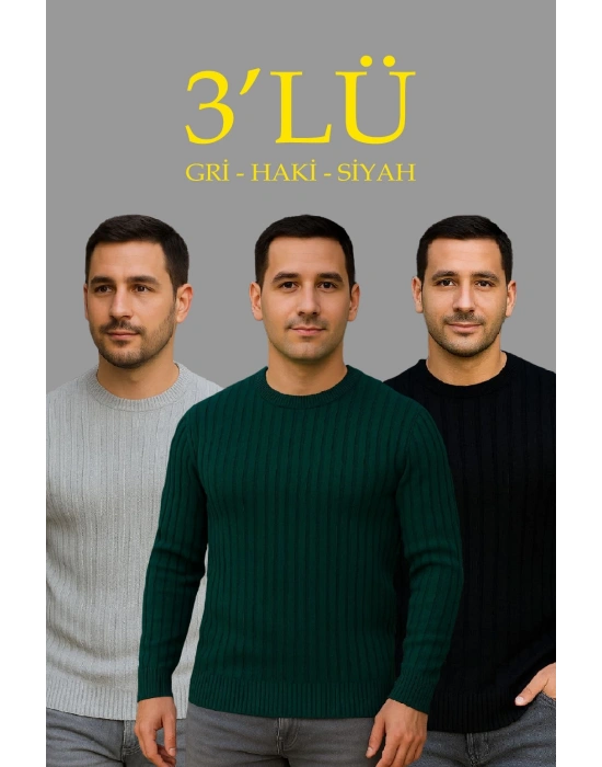 Erkek Fitilli Triko Bisiklet Yaka Kalın Kazak 3lü Set Gri-Haki-Siyah