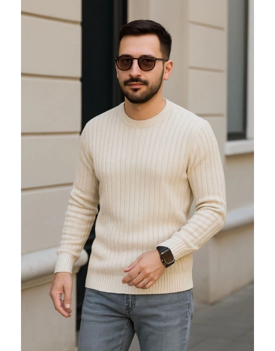 Erkek Fitilli Triko Kazak 2’li Set Bej Beyaz Kalın Dokuma Pamuklu Regular Fit Bisiklet