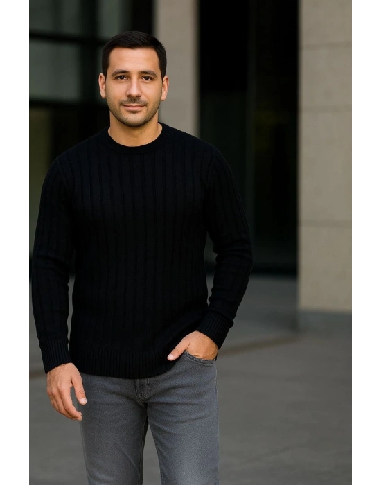 Erkek Fitilli Triko Kazak 2’li Set Siyah Beyaz Kalın Dokuma Pamuklu Regular Fit Bisiklet