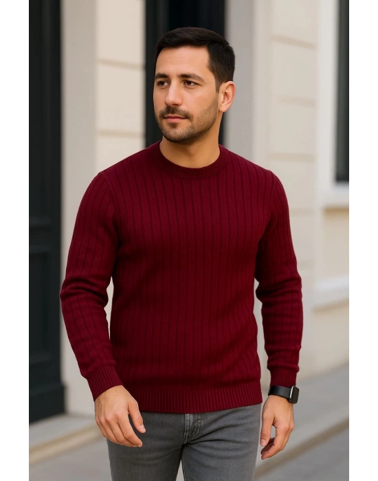 Erkek Fitilli Triko Kazak 2’li Set Siyah Bordo Kalın Dokuma Pamuklu Regular Fit Bisiklet