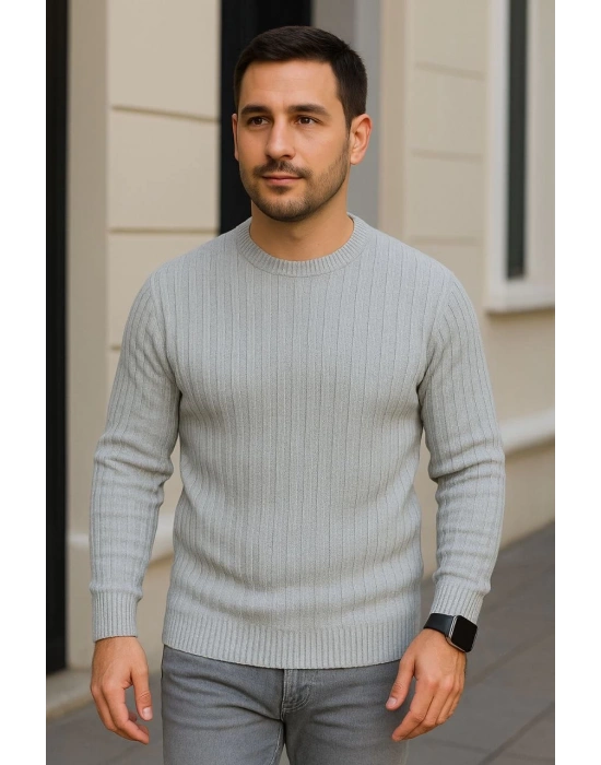 Erkek Fitilli Triko Kazak 2’li Set Siyah Gri Kalın Dokuma Pamuklu Regular Fit Bisiklet