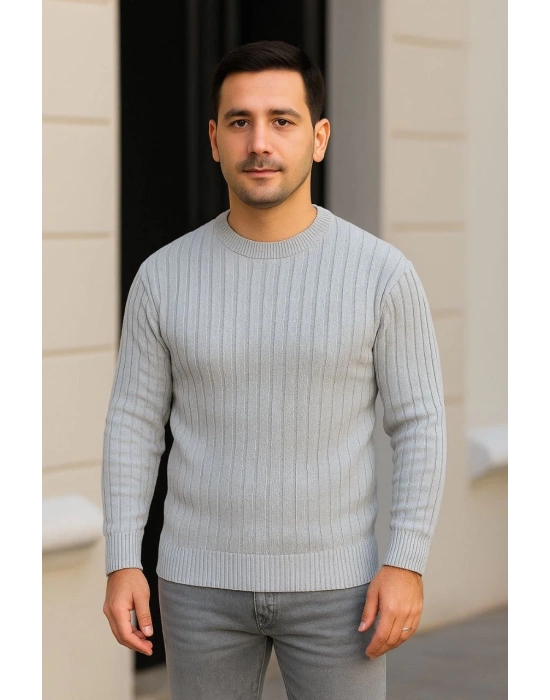 Erkek Fitilli Triko Kazak 2’li Set Siyah Gri Kalın Dokuma Pamuklu Regular Fit Bisiklet