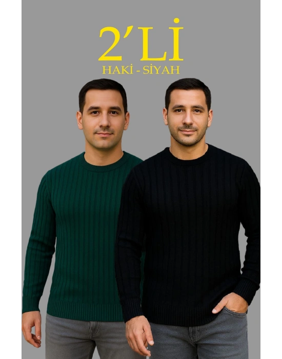 Erkek Fitilli Triko Kazak 2’li Set Siyah Haki Kalın Dokuma Pamuklu Regular Fit Bisiklet
