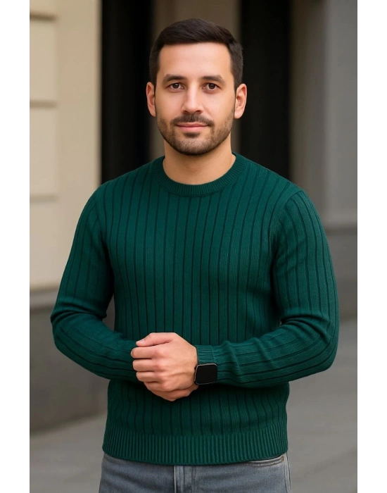 Erkek Fitilli Triko Kazak 2’li Set Siyah Haki Kalın Dokuma Pamuklu Regular Fit Bisiklet