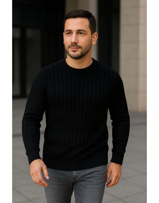 Erkek Fitilli Triko Kazak 2’li Set Siyah Haki Kalın Dokuma Pamuklu Regular Fit Bisiklet