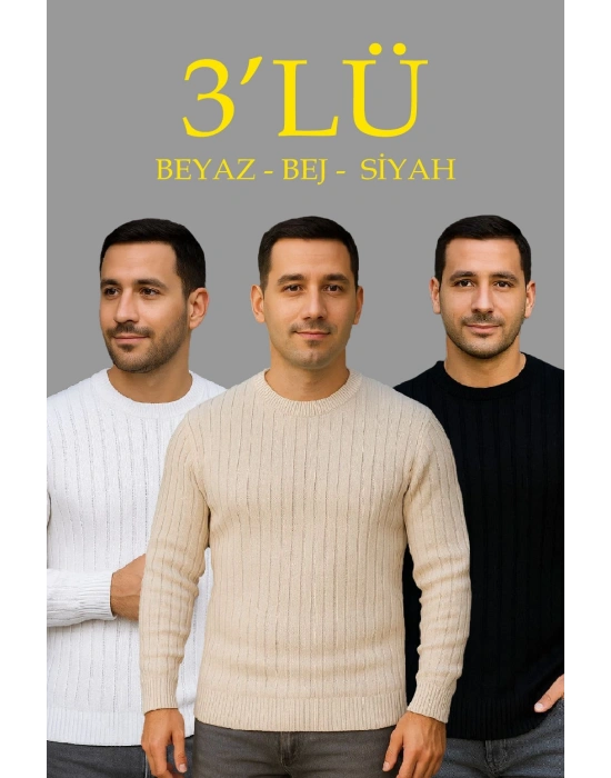 Erkek Fitilli Triko Kazak 3’lü Set Bej Beyaz Siyah | Kalın Dokuma Pamuklu Regular Fit