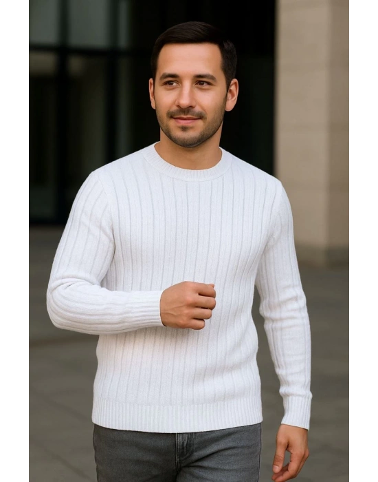 Erkek Fitilli Triko Kazak 3’lü Set Bej Beyaz Siyah | Kalın Dokuma Pamuklu Regular Fit