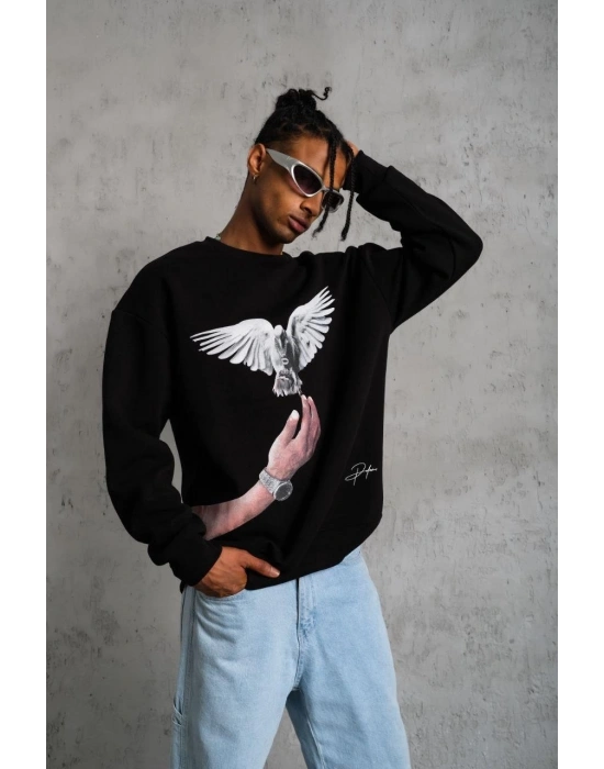 Erkek Güvercin Baskılı 3 iplik Bisiklet Yaka ipamuklu Sweatshirt - Siyah