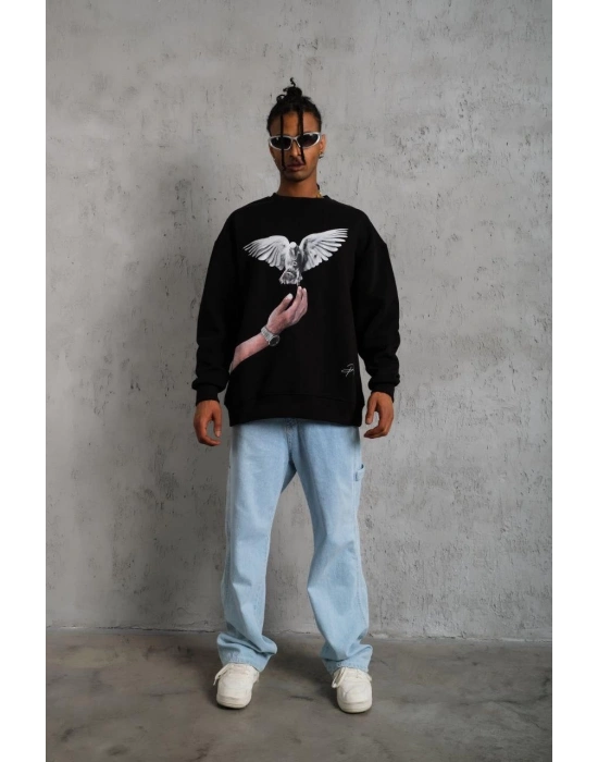 Erkek Güvercin Baskılı 3 iplik Bisiklet Yaka ipamuklu Sweatshirt - Siyah