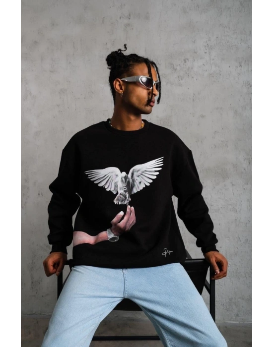 Erkek Güvercin Baskılı 3 iplik Bisiklet Yaka ipamuklu Sweatshirt - Siyah