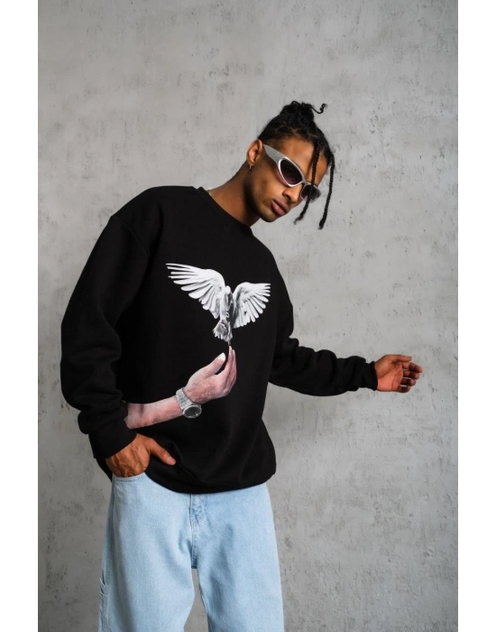 Erkek Güvercin Baskılı 3 iplik Bisiklet Yaka ipamuklu Sweatshirt - Siyah