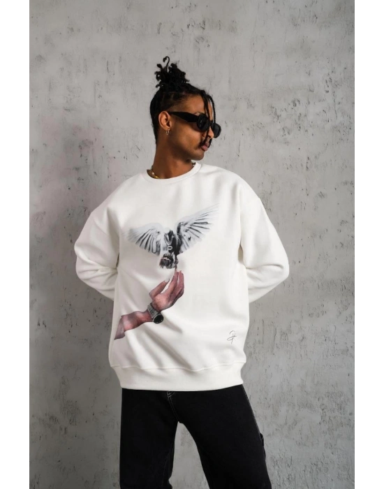 Erkek Güvercin Baskılı 3 iplik pamuklu Bisiklet Yaka Sweatshirt - Beyaz