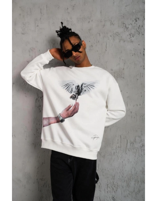 Erkek Güvercin Baskılı 3 iplik pamuklu Bisiklet Yaka Sweatshirt - Beyaz