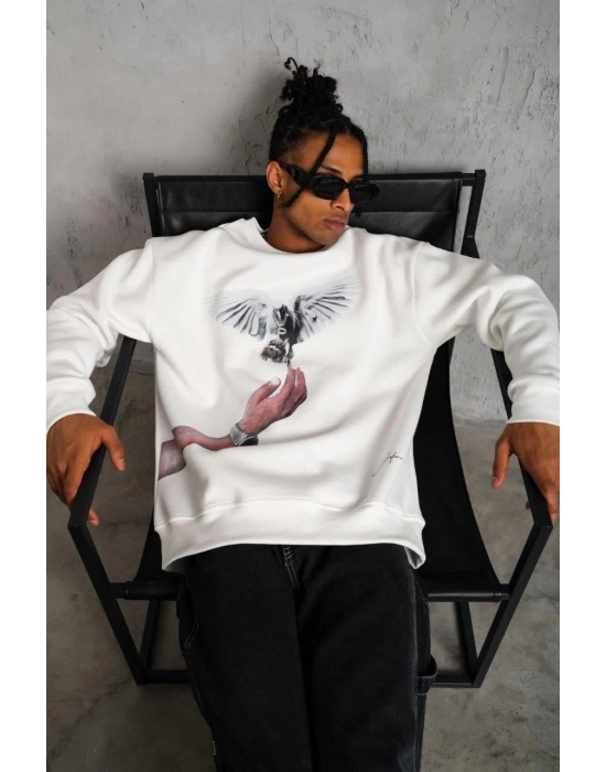 Erkek Güvercin Baskılı 3 iplik pamuklu Bisiklet Yaka Sweatshirt - Beyaz