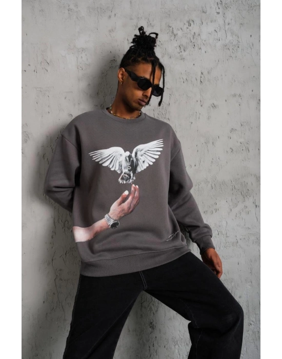 Erkek Güvercin Baskılı 3 iplik pamuklu Bisiklet Yaka Sweatshirt - Gri