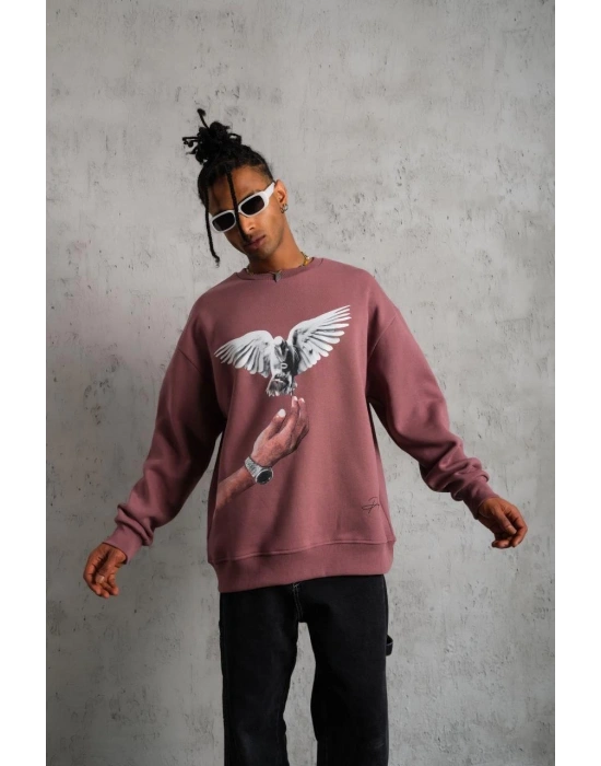 Erkek Güvercin Baskılı Bisiklet Yaka Sweatshirt 3 iplik pamuklu - Gül Kurusu
