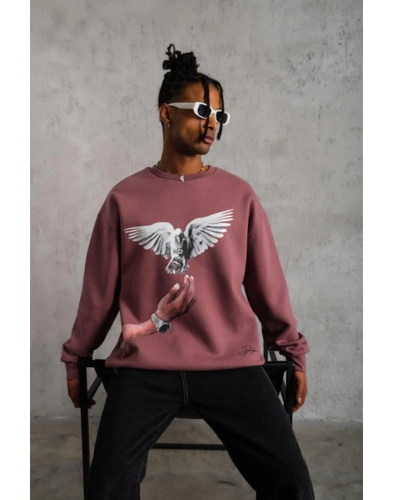 Erkek Güvercin Baskılı Bisiklet Yaka Sweatshirt 3 iplik pamuklu - Gül Kurusu