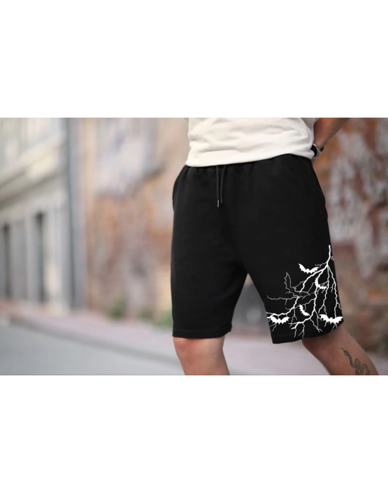 Erkek İki İplik Baskılı Şort - Siyah